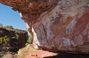 AUSTRALIA, Western Australia, West Kimberley. Aboriginal rock art in gore of lower Charnley River.