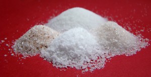salt 1 back table salt, front (left to right) natural sea salt, kosher (coarse grain), Himalayan salt